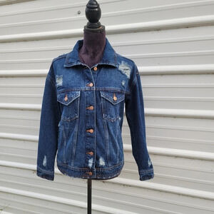 Celebrity Pink Jacket Womens Rose Gold Button Blue Denim Distressed XS